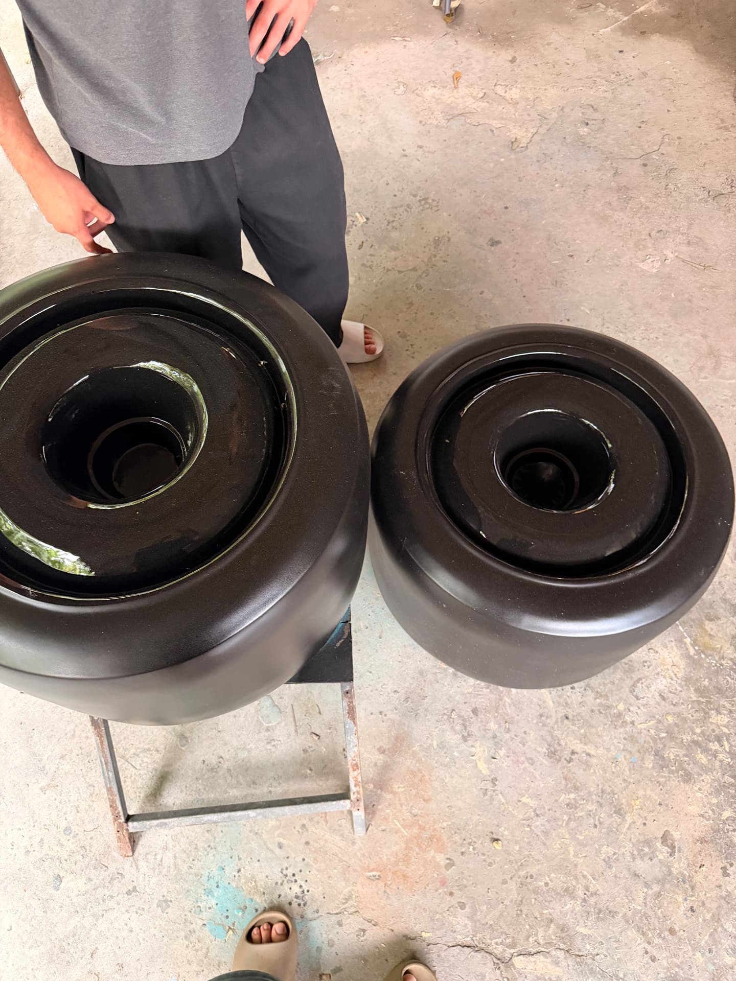 Full-scale display wheels under inspection in the workshop